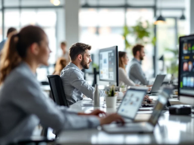 Modern office with professionals using digital asset management software on multiple computer screens in bright workspace