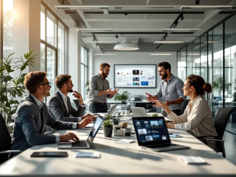 Business professionals collaborating around conference table with laptops displaying digital asset management software in bright modern office.
