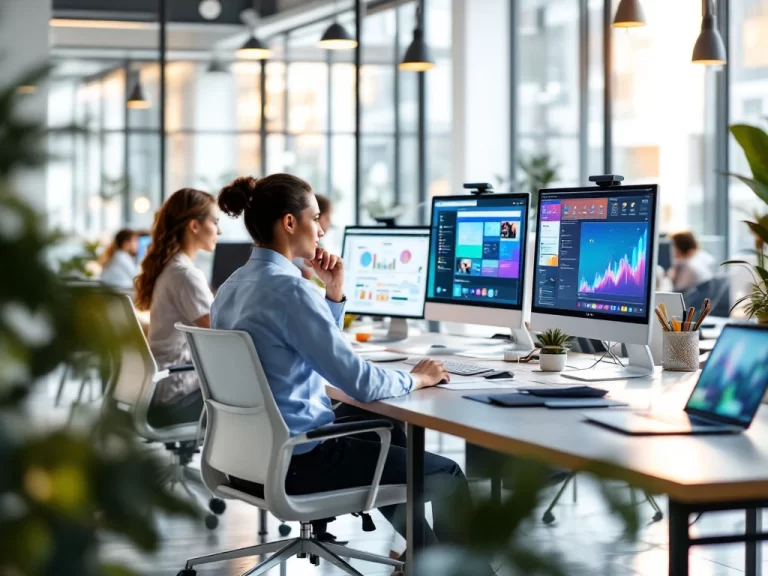 Modern office with professionals working at computers and laptops in bright workspace with natural lighting