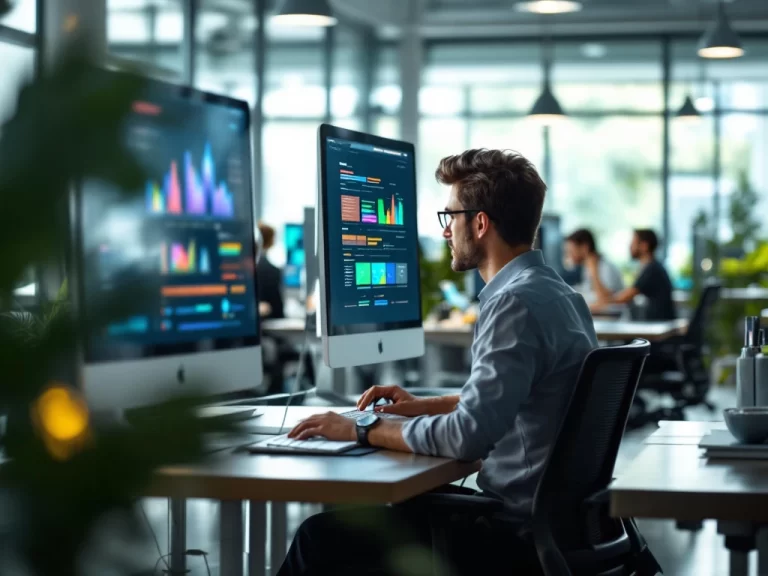 Modern office workspace with professionals using computers and laptops at contemporary desks with large monitors and natural lighting.